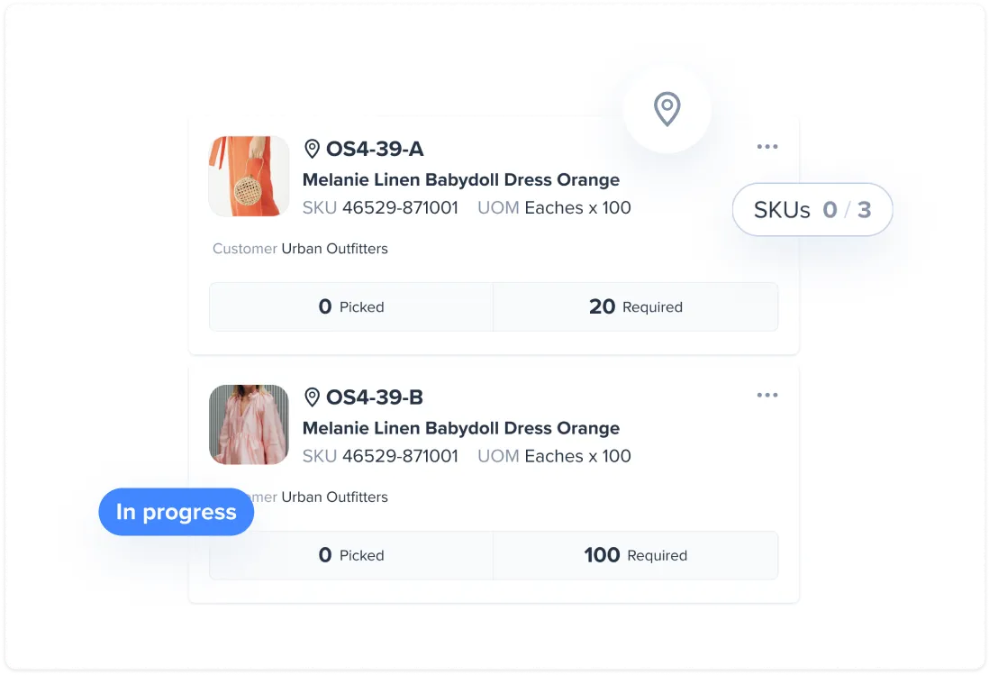 Screenshot of a warehouse management interface showing a picking plan of 600 units of socks with SKU 12332133, and a packing layout listing items including socks and jackets with quantities set to 7 in Box 1, a large outer box.