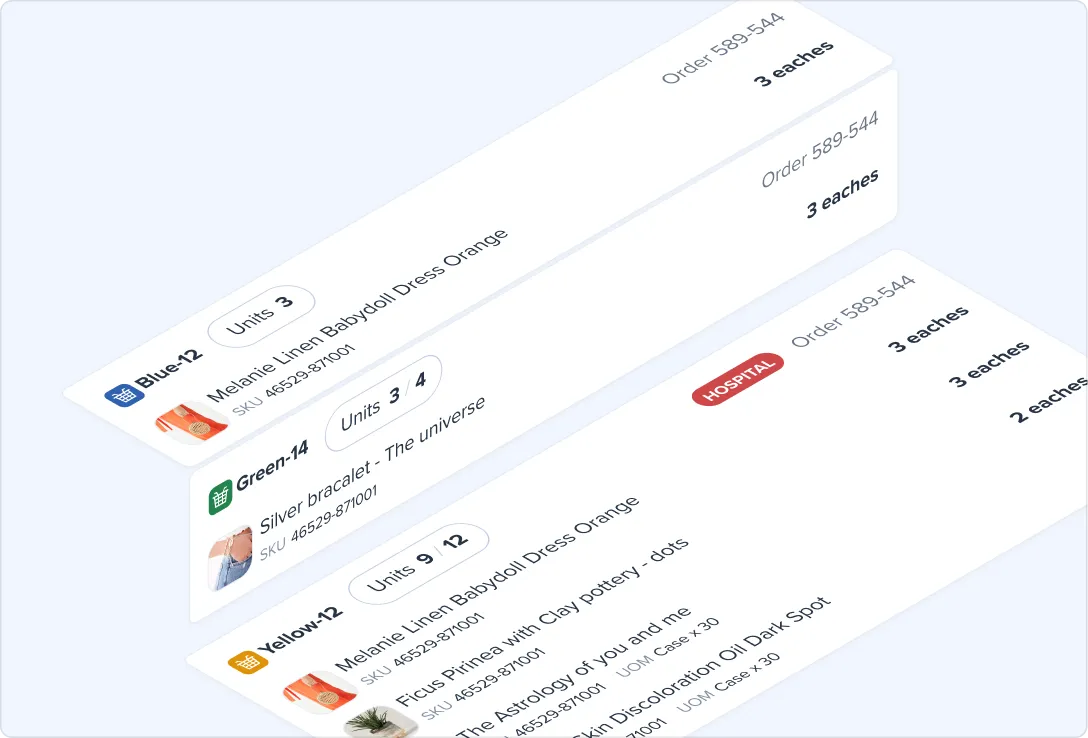 Dashboard showing order items with color-coded tabs labeled Blue-12, Green-14, Yellow-12, each item listing product names, SKUs, and units with quantities out of totals.