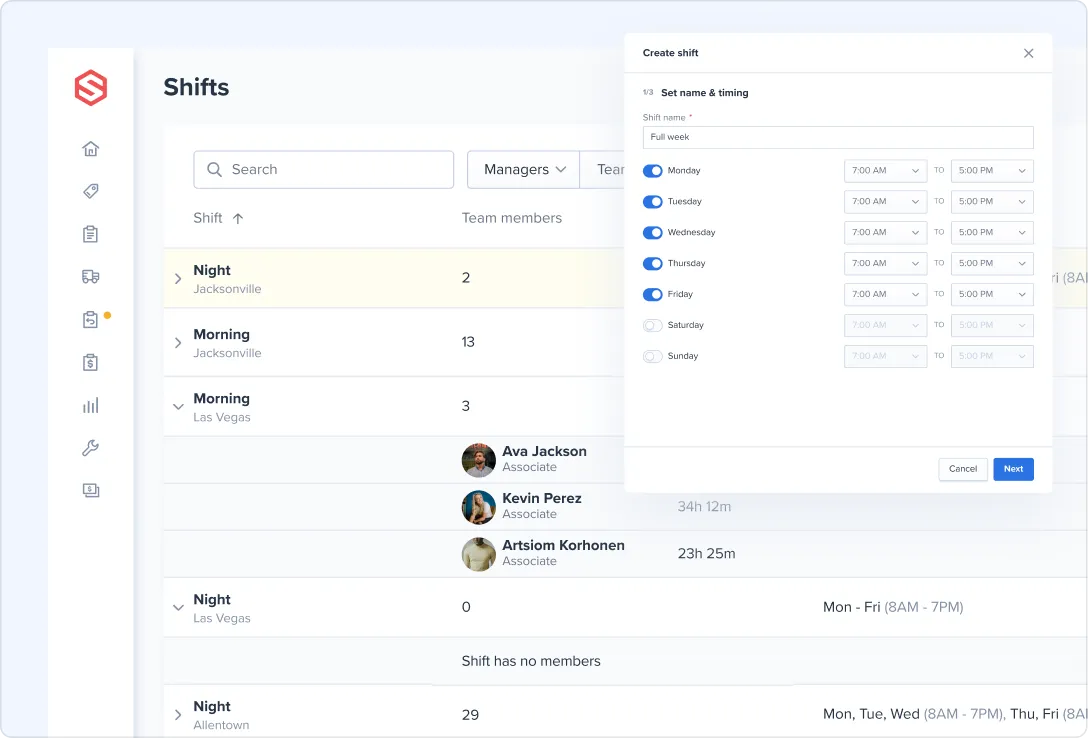 Work shift management interface with a list of shifts for different locations, team member details, and a pop-up window for creating a new full-week shift specifying days and times.