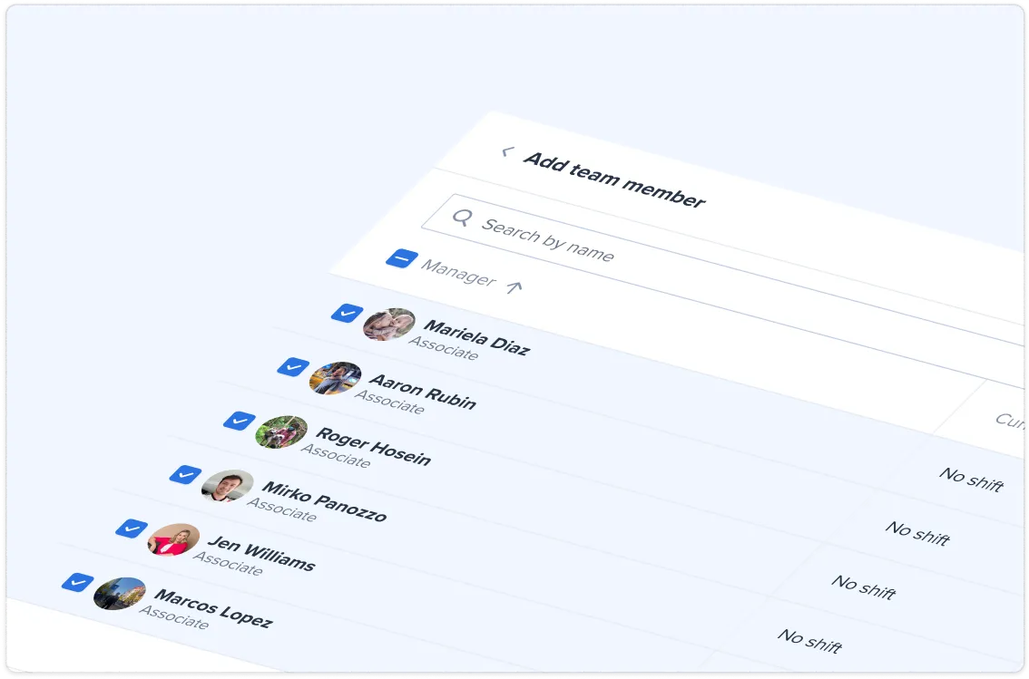 User interface screen showing a list of selected team members with profile pictures, names, roles as Associate, and a search bar at the top.