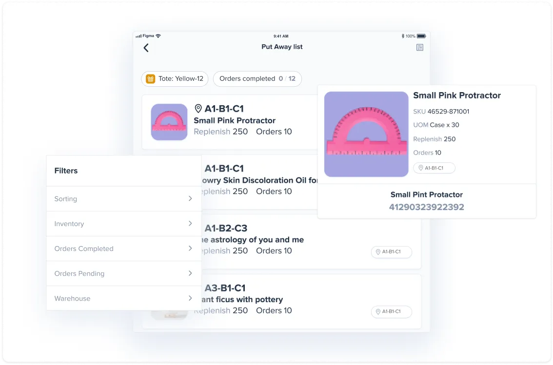 User interface of a Put Away list showing inventory items including a small pink protractor with details on SKU, unit of measure, replenish quantity, and orders, alongside filters for sorting and inventory management.