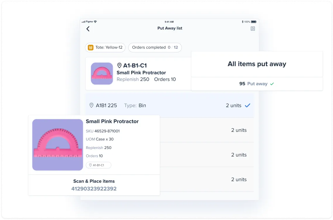 Inventory app interface showing a Put Away list with Small Pink Protractor, location A1-B1-C1, 2 units to put away, and a confirmation that all 95 items are put away.