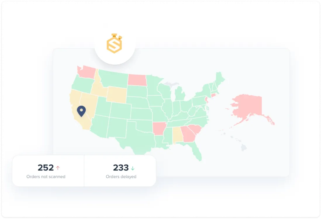 Map of the United States showing states in green, yellow, and red with a marker on California; below the map, text shows 252 orders not scanned with an upward arrow and 233 orders delayed with a downward arrow.