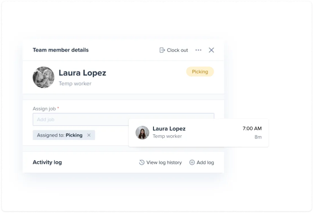 User interface showing team member details for Laura Lopez, a temp worker assigned to the job 'Picking', with options to clock out and view activity log.