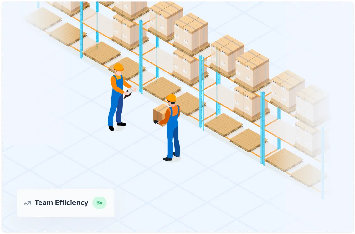 Warehouse shelves stacked with boxes and a worker moving boxes on a trolley labeled AI Picking.