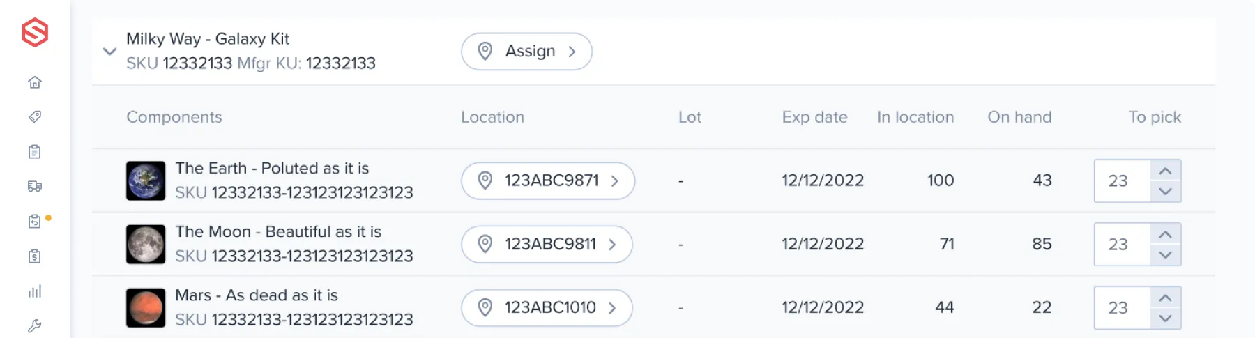 Inventory list showing Milky Way Galaxy Kit components: Earth, Moon, and Mars with SKU codes, locations, expiration dates, quantities in location, on hand, and pick amounts.