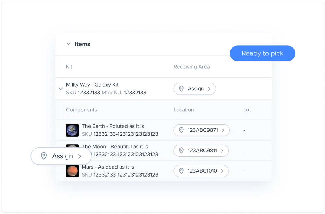 Inventory interface showing a Milky Way Galaxy Kit with components The Earth, The Moon, and Mars, each with SKUs, locations, and assign buttons.