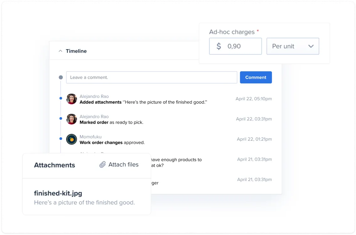 Screenshot of a timeline with comments and attachments showing order updates and approved work order changes, with an input box to leave a comment and a section for ad-hoc charges.