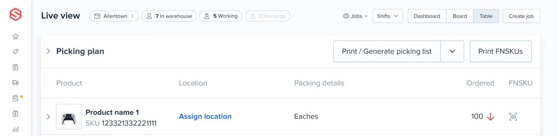 Warehouse management dashboard showing live view of picking plan with product image, name, SKU, location assignment link, packing details, and ordered quantity.