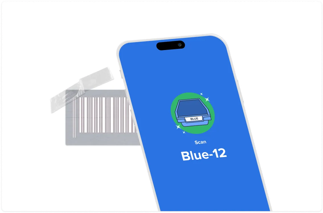 Smartphone screen showing a blue container labeled 'Blue-12' with the word 'Scan' above it, next to a taped barcode on a white background.