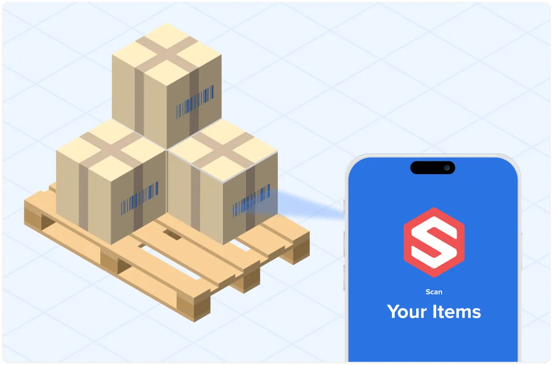Isometric illustration of three barcode-labeled boxes stacked on a wooden pallet beside a smartphone displaying an app screen that says 'Scan Your Items'.