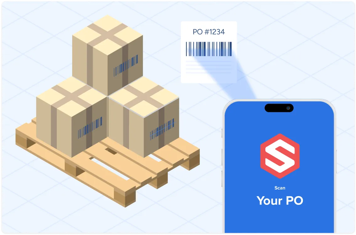 Illustration of a wooden pallet stacked with three cardboard boxes, a barcode label showing PO #1234, and a smartphone screen displaying a scan app with the text 'Scan Your PO'.