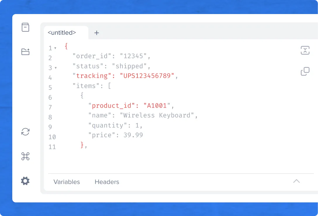 Code editor displaying JSON with order details including order_id, status shipped, tracking number, and an item of wireless keyboard with quantity 1 and price 39.99.