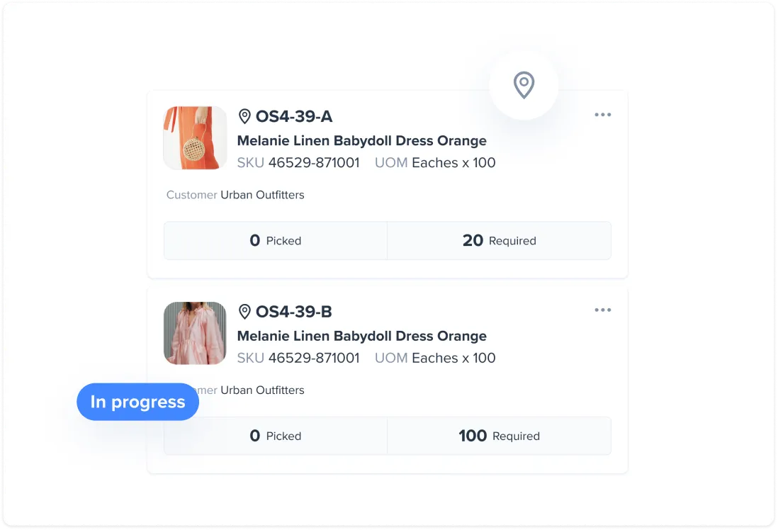 Two product order cards for Melanie Linen Babydoll Dress Orange with SKU 46529-871001, showing locations OS4-39-A and OS4-39-B, each with quantities picked and required, and customer Urban Outfitters. The second card is marked In progress.