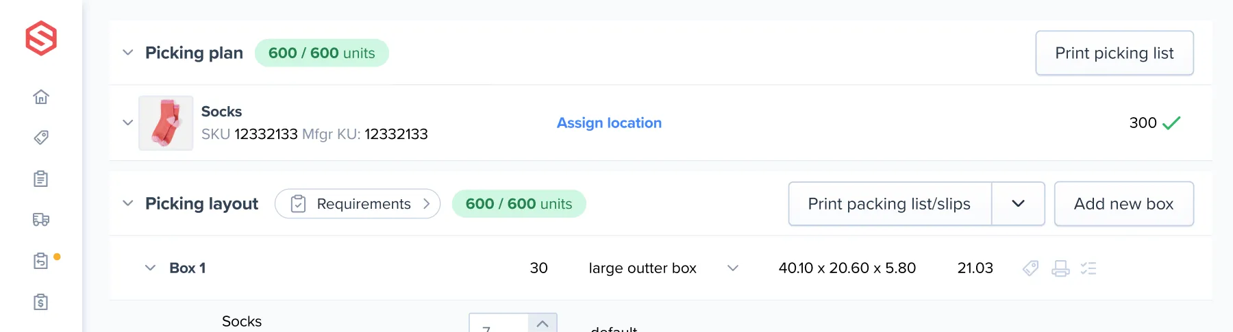 Warehouse picking plan interface showing 600 of 600 socks units with SKU 12332133, option to assign location, print picking list, and details of Box 1 with 30 large outer boxes.