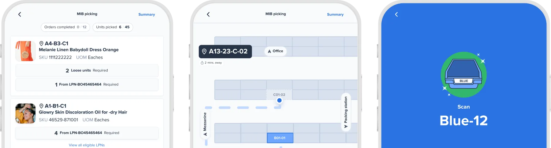Three smartphone screens showing a warehouse picking app with order details, map of item location, and a scan prompt for Blue-12 bin.