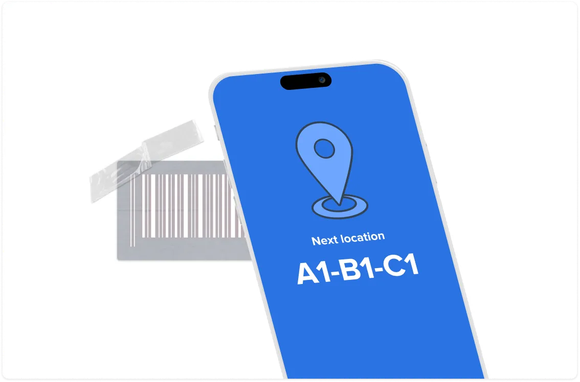 Smartphone screen showing a location pin icon and text 'Next location A1-B1-C1' next to a barcode label taped on a surface.