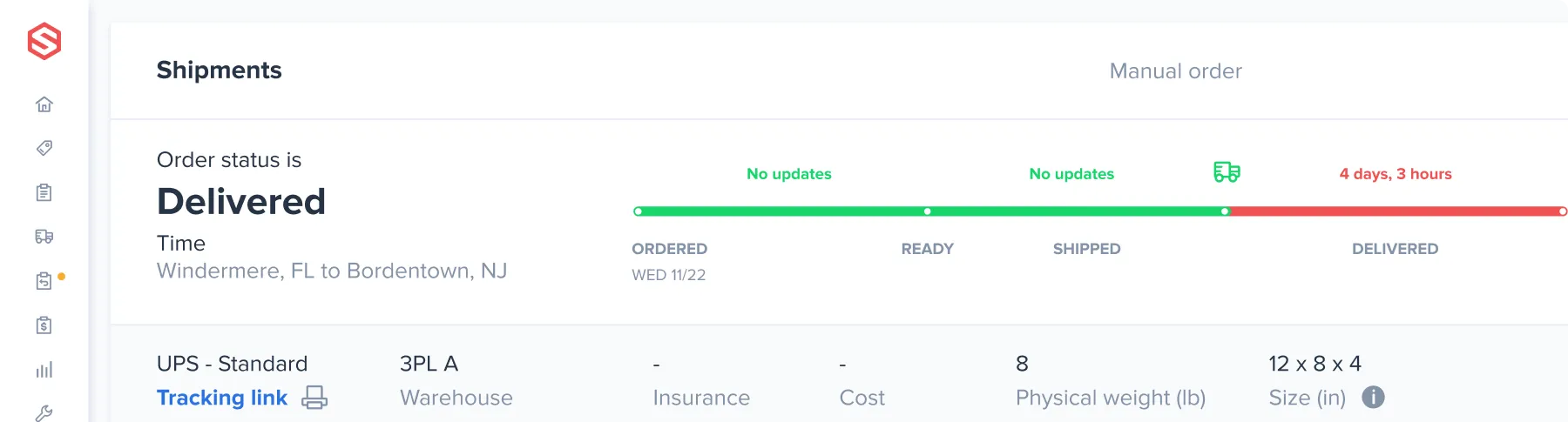 Shipment tracking interface showing order status as Delivered from Windermere, FL to Bordentown, NJ with delivery timeline and package details including UPS Standard, warehouse, physical weight of 8 lbs, and size 12 by 8 by 4 inches.
