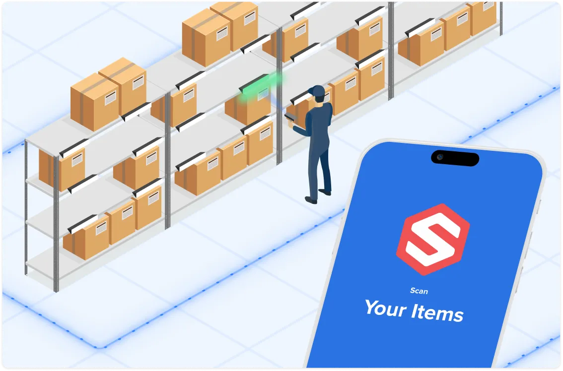 Illustration of a person scanning boxes on warehouse shelves using a mobile app to track items.