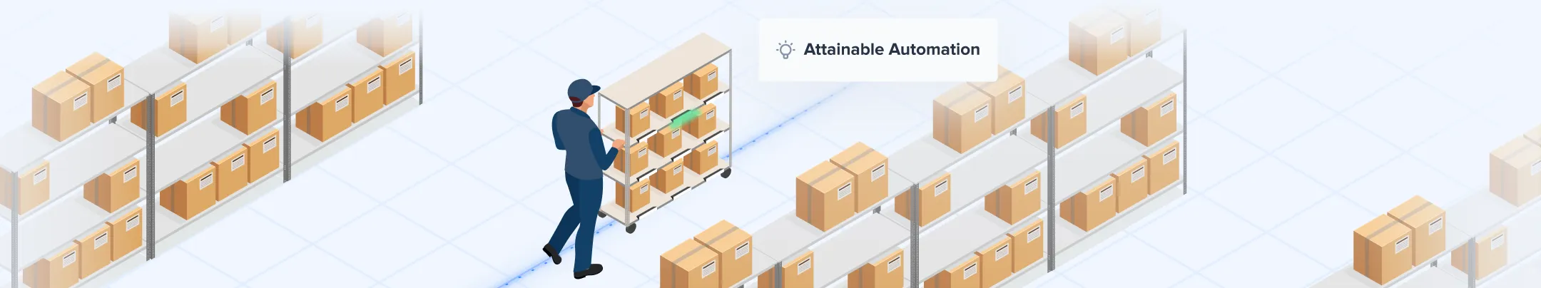 Warehouse worker scanning boxes on shelves labeled 'Attainable Automation'.