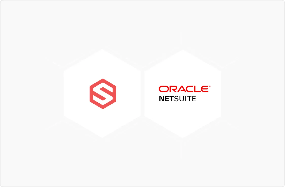 Hexagonal icons displaying a red stylized 'S' logo and the Oracle NetSuite logo.