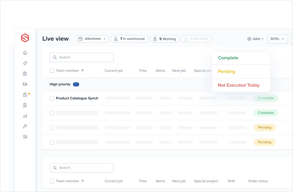 Dashboard screen showing a live view of warehouse jobs with statuses including Complete, Pending, and Not Executed Today for tasks and a sidebar with navigation icons.