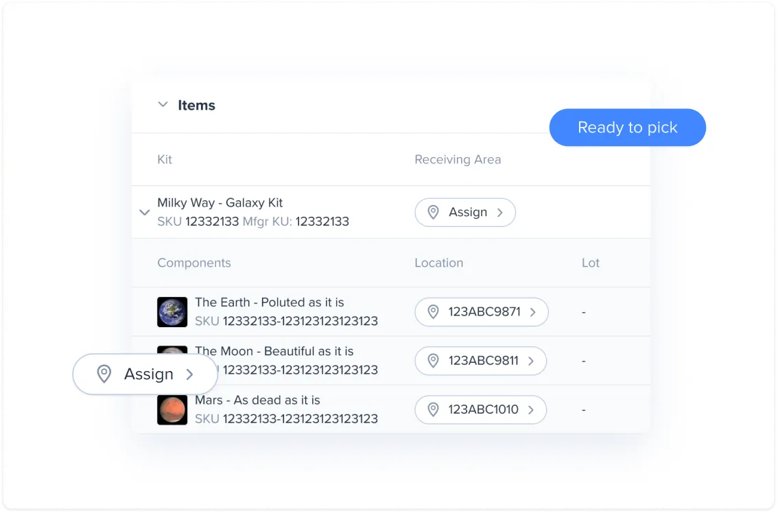 User interface showing a kit named Milky Way - Galaxy Kit with components Earth, Moon, and Mars, each with SKU numbers and location codes, and assign buttons.