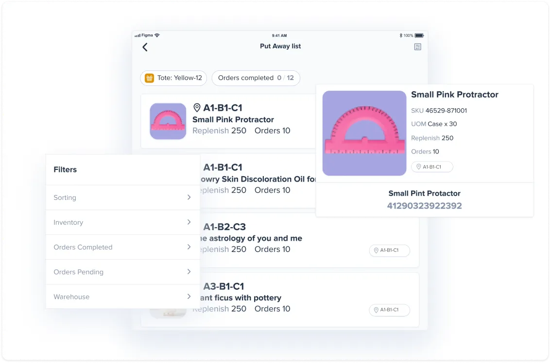 User interface of a put away list showing small pink protractor details, including SKU, reorder quantity, and order status with filter options.