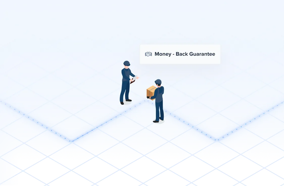 Illustration of two delivery workers exchanging a package with a label above reading 'Money - Back Guarantee'.