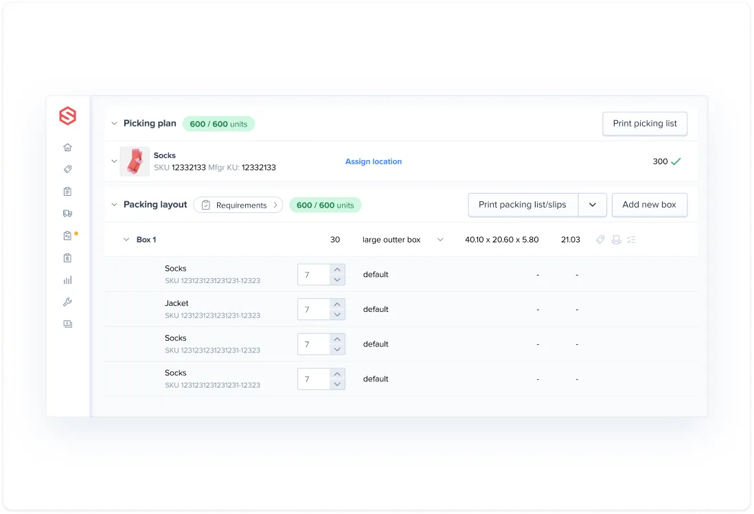 Warehouse packing interface showing picking plan with 600 of 600 units and packing layout for Box 1 containing socks and jackets with quantity settings and box dimensions.