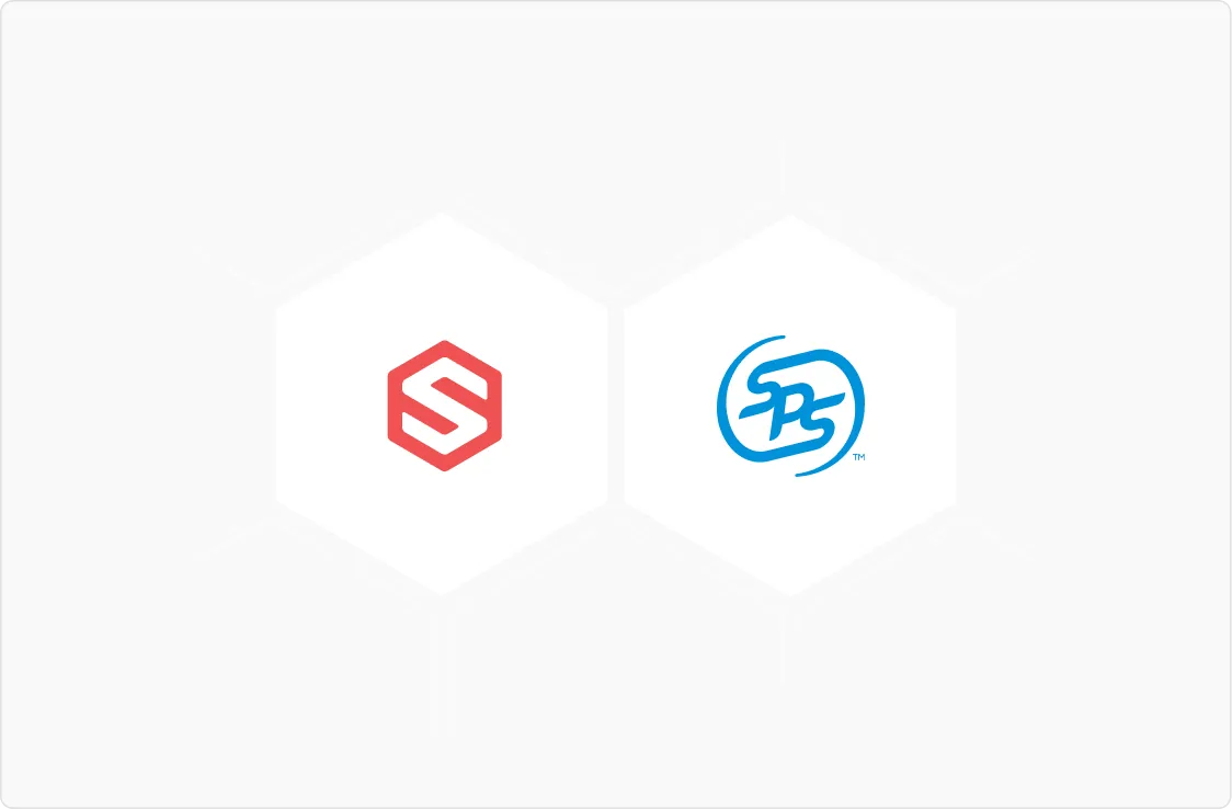 Two corporate logos: a red hexagon with a stylized white letter S on the left and a blue circular logo with stylized letters SPS on the right.