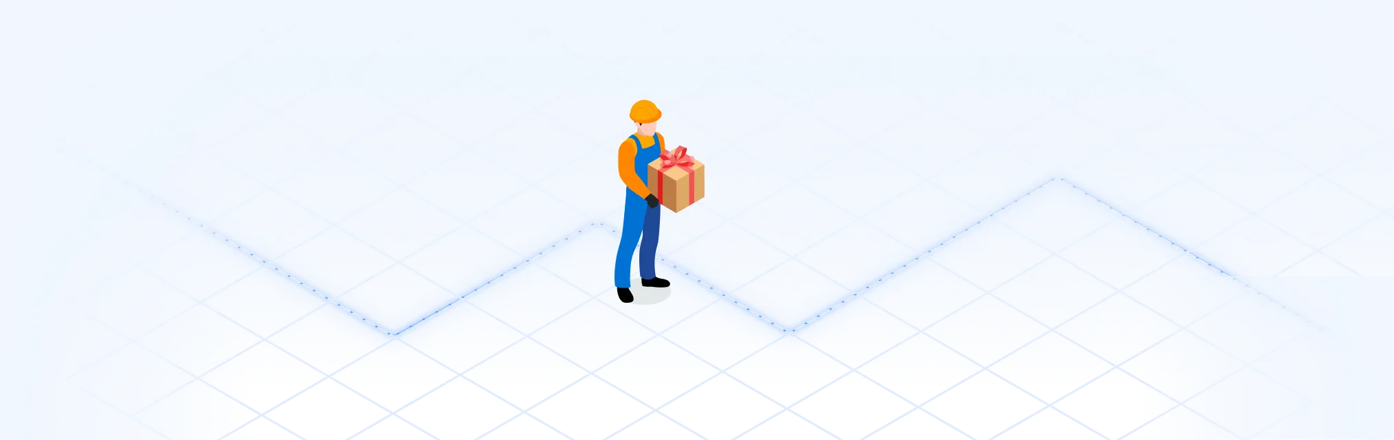 Isometric illustration of a delivery worker in uniform holding a gift-wrapped package on a light grid background.
