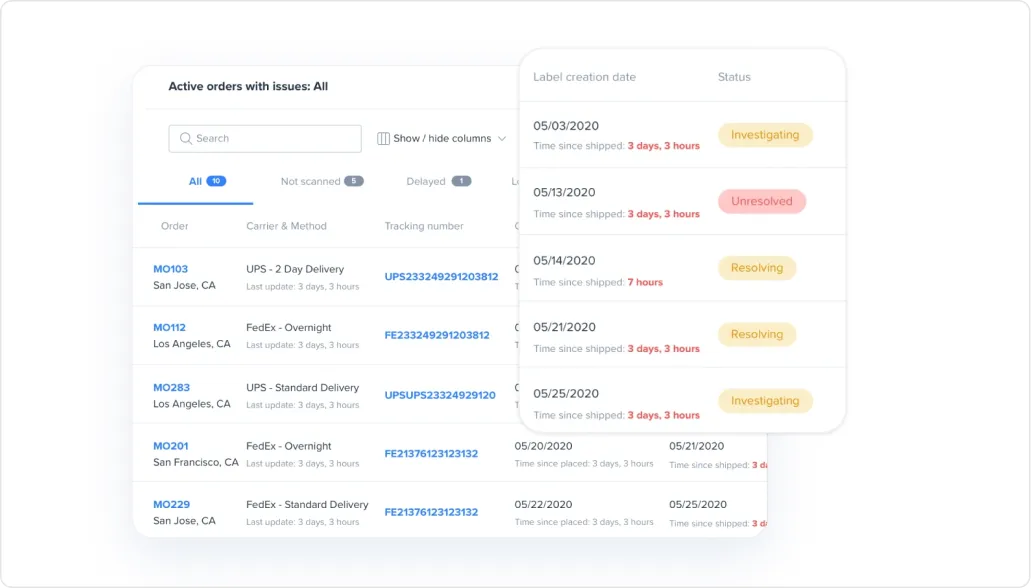Dashboard screen showing active orders with issues, listing order numbers, locations, carriers, tracking numbers, label creation dates, and shipment status including Investigating, Unresolved, and Resolving.