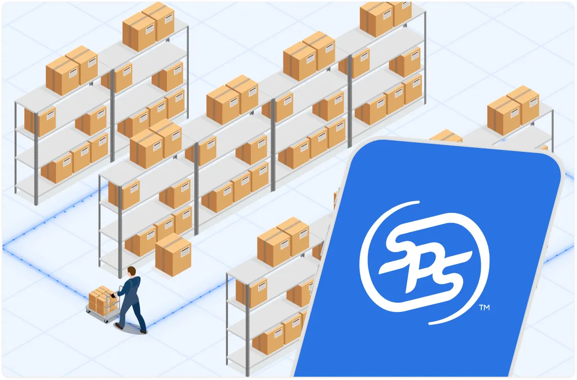 Warehouse aisles with shelves stocked with boxes and a worker pushing a cart with boxes, labeled AI Picking.