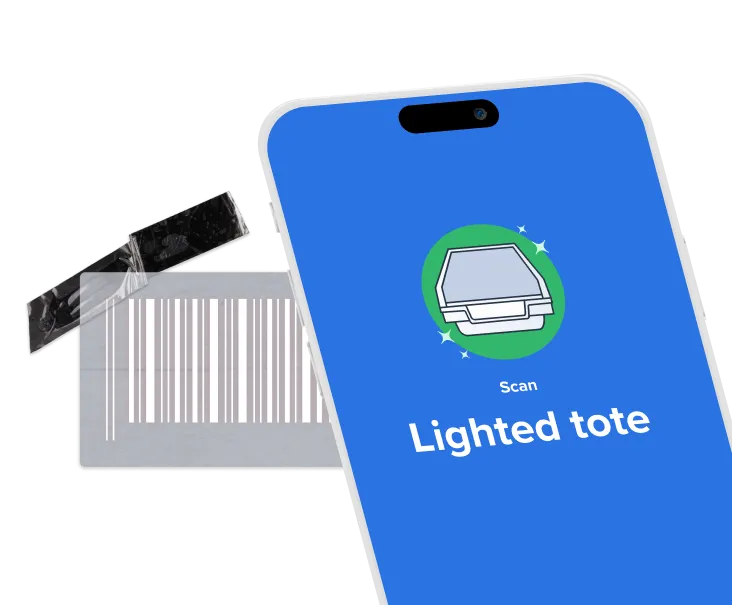 Smartphone screen displaying a scanning app with the text 'Scan Lighted tote' next to a barcode label taped with black tape.