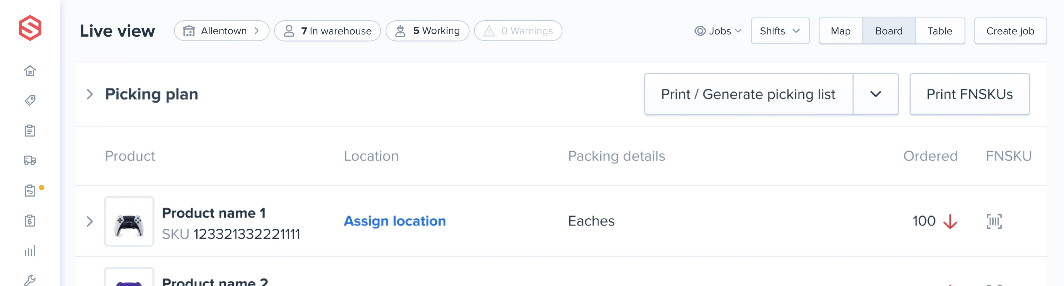 Warehouse management dashboard showing live view with 7 in warehouse, 5 working, a picking plan section listing product name 1 with SKU 123321332221111, option to assign location, packing details as eaches, and ordered quantity of 100.