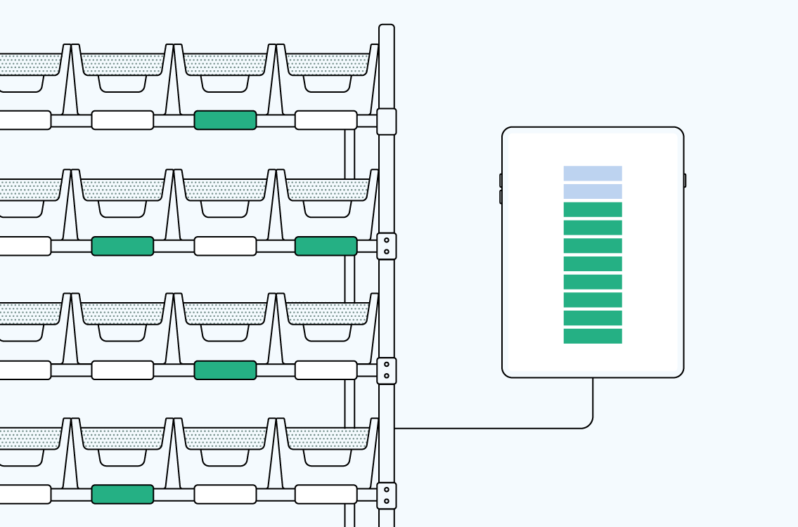 Isometric warehouse shelves filled with boxes and a worker picking a box, with a label indicating picking efficiency is increased threefold.
