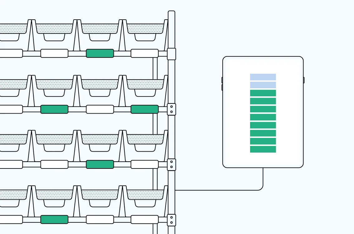 Isometric warehouse shelves filled with boxes and a worker picking a box, with a label indicating picking efficiency is increased threefold.