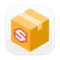 Cube-shaped package with stripe and stylized letter S logo on one side.