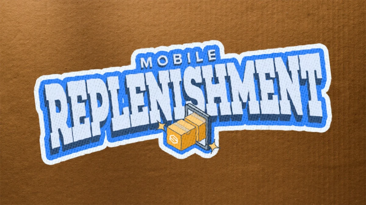 Sticker on cardboard with text Mobile Replenishment and packages coming out of a mobile device.