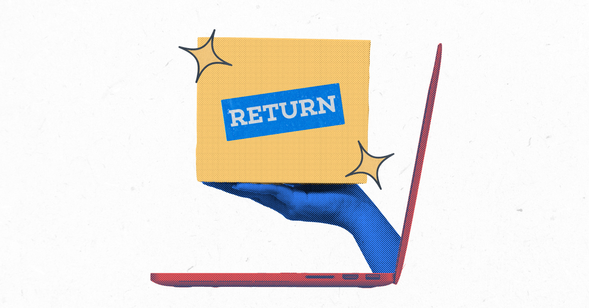 A hand popping out of a computer holding a box that said returns on it.