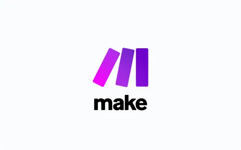 Purple gradient logo with three vertical bars above the word make in lowercase bold black letters.