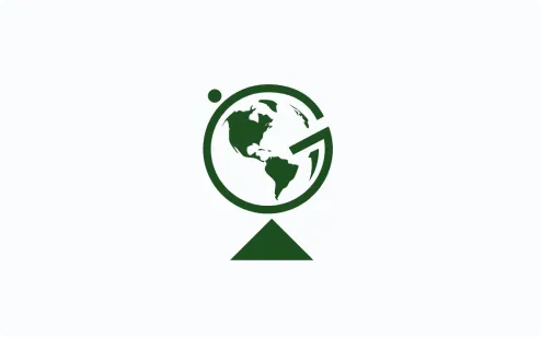 Dark green stylized globe showing North and South America on a triangular stand.