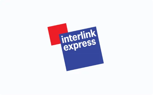 Interlink Express logo with white text on blue square and a smaller red square behind it.