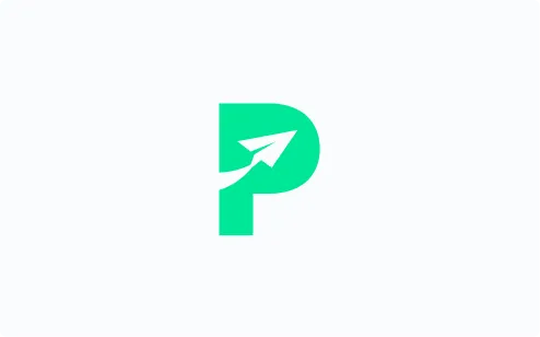 Green letter P with a white paper airplane inside, centered on white background.