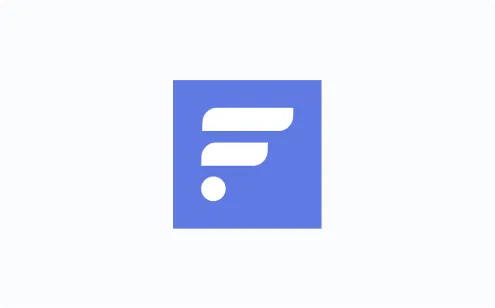 White stylized abstract F shape in a blue square on a white background.