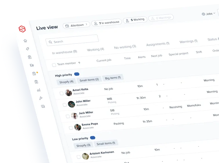Warehouse live view dashboard showing team members, current jobs, time, alerts, and status for tasks.