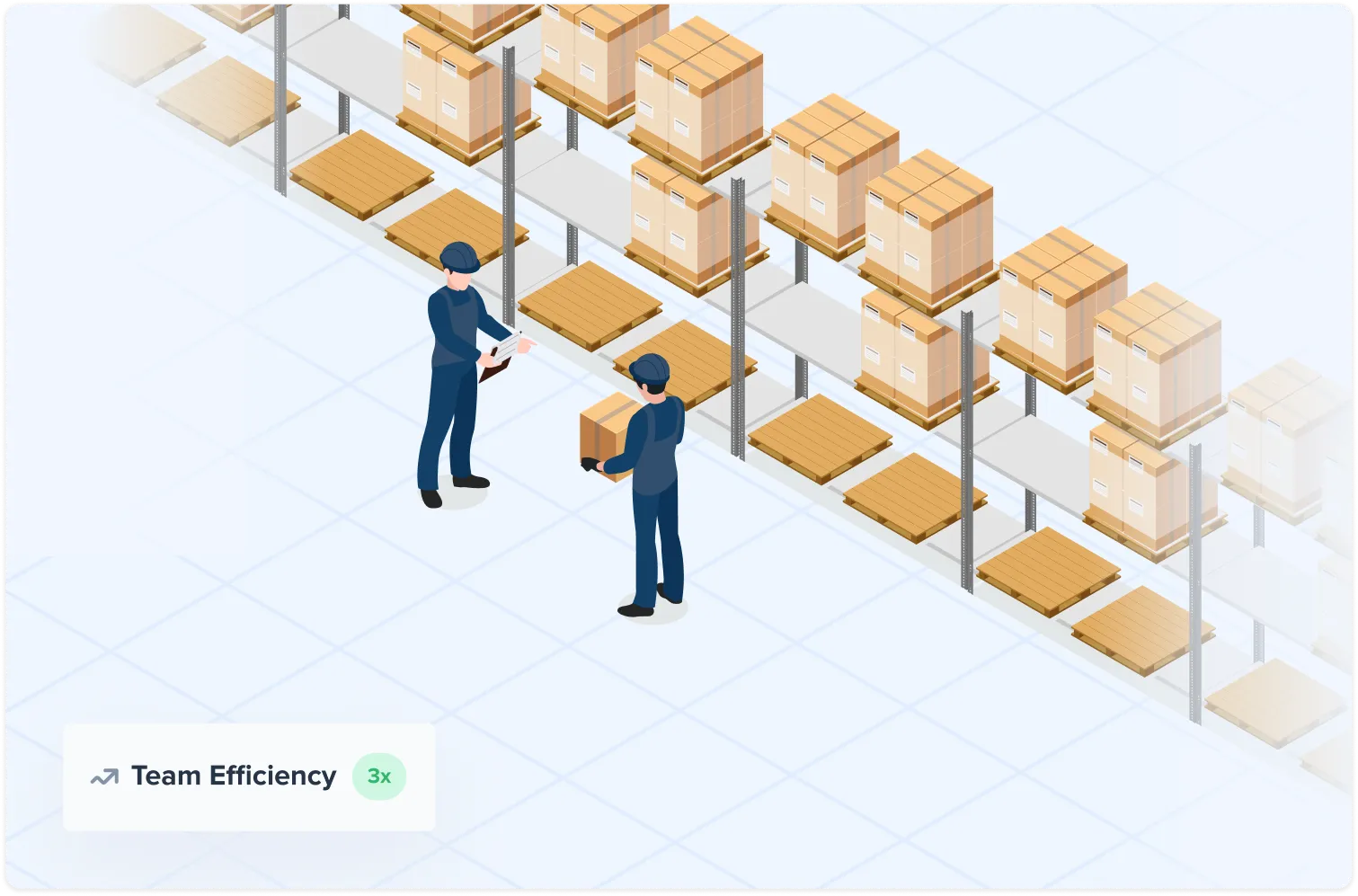 Warehouse workers managing and checking inventory of stacked boxes on metal shelves.