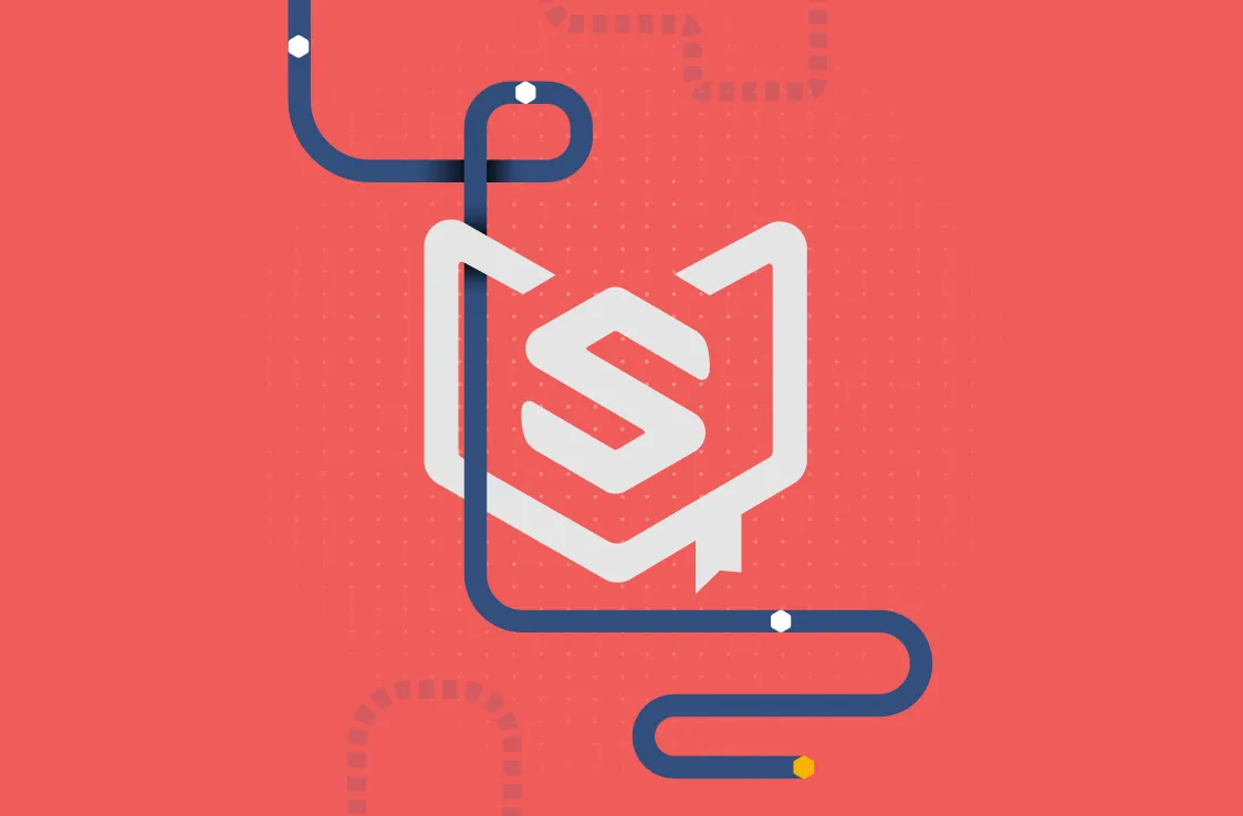 White stylized shield with an S inside on a red background with a winding blue line crossing it.
