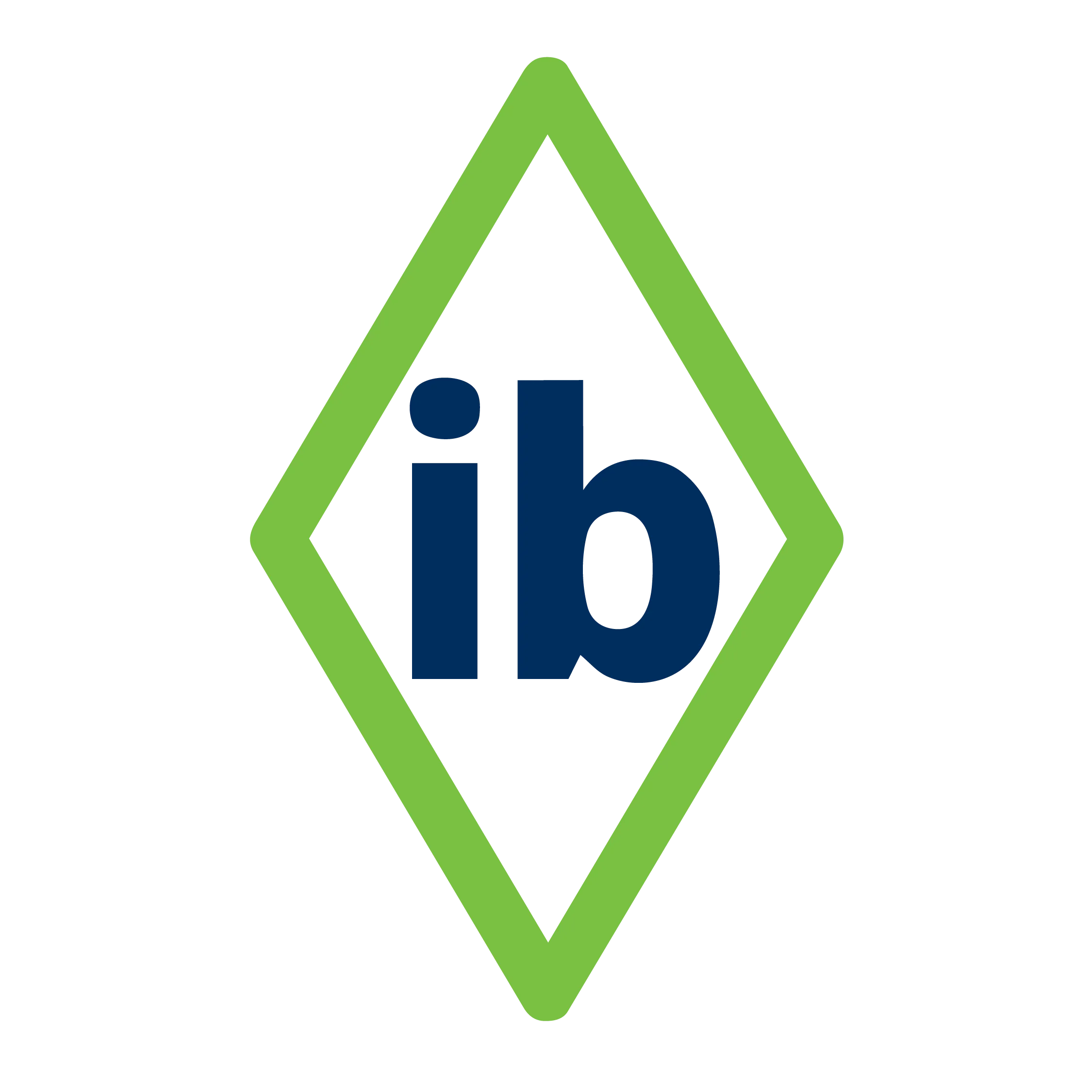 Blue lowercase letters 'ib' inside a green diamond-shaped outline on a black background.